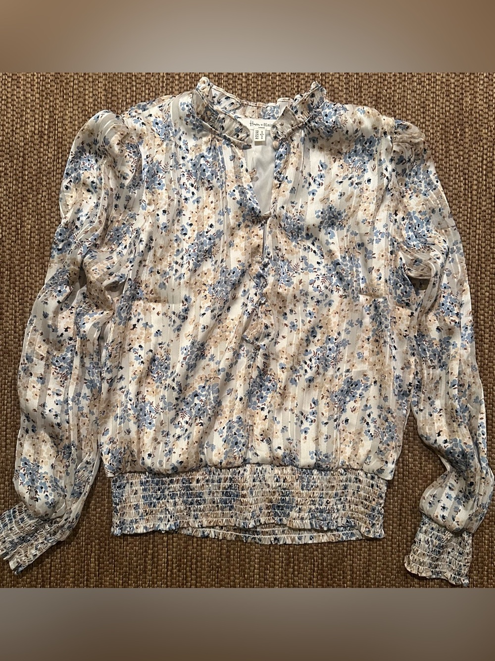Cream Blouse with Blue and Tan Floral Detail